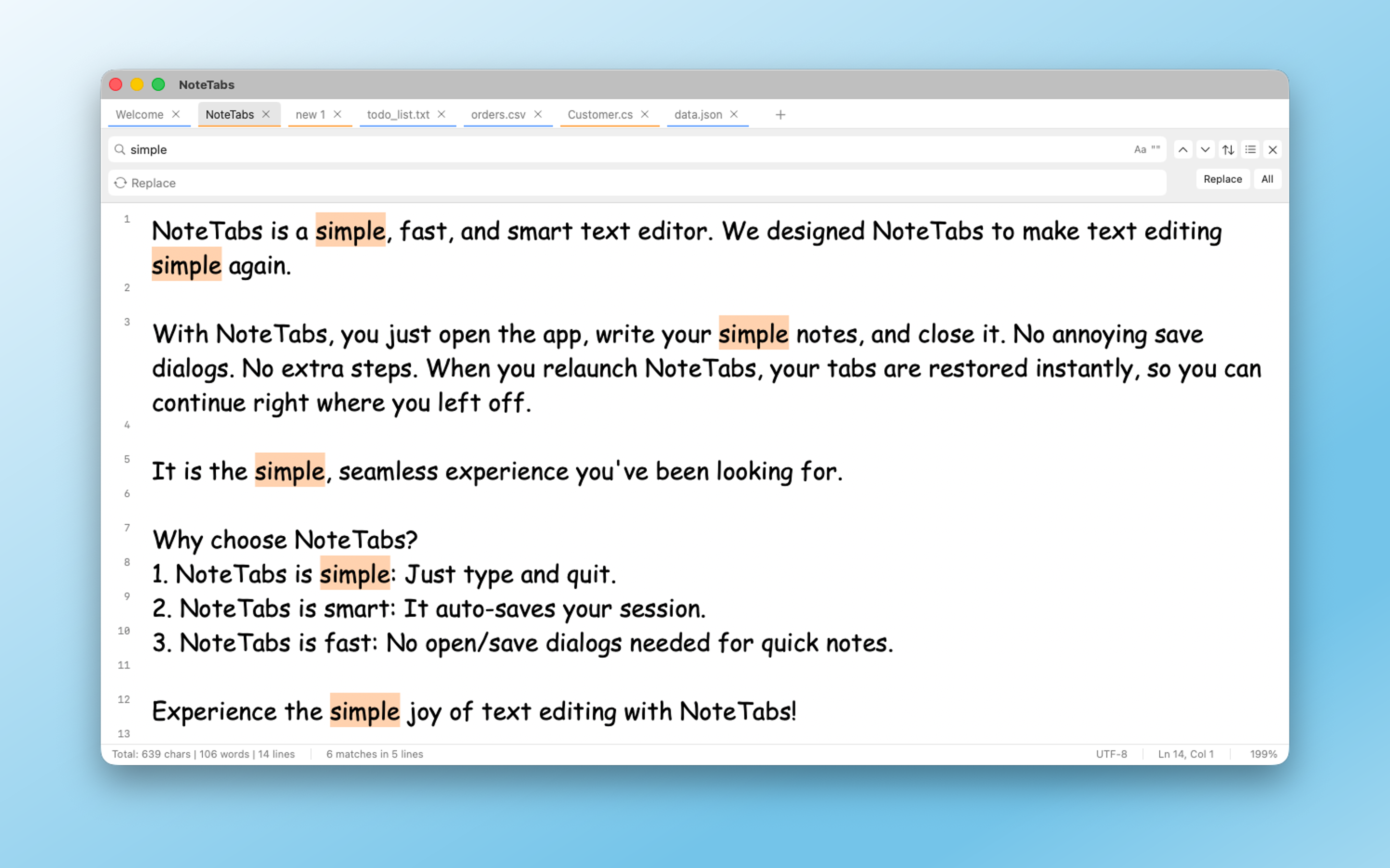 NoteTabs Simple Editing